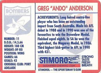 1991 Scanlens Stimorol #13 Greg Anderson Back